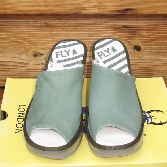 NWT Fly London Jade Green Wedge Slides - Picture 3 of 9